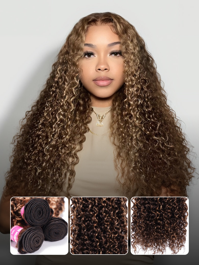 
        Nadula Hair Bundles Honey Blond Highlight Curly 3 Bundles Human Hair Weave    