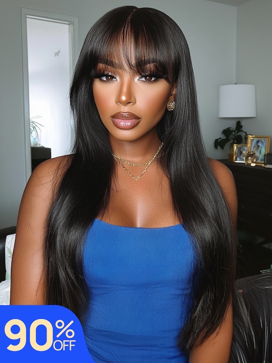 Nadula Yaki Straight Layered Wig with Bangs Glueless Human Hair Wig Put On and Go Wig Beginner Friendly Classic Cap