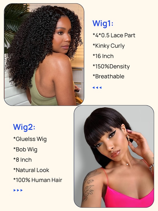 $99=2 Wigs | Nadula Flash Sale 4x0.75 Lace Part Kinky Curly And 8 Inch Bob Wig With Bang