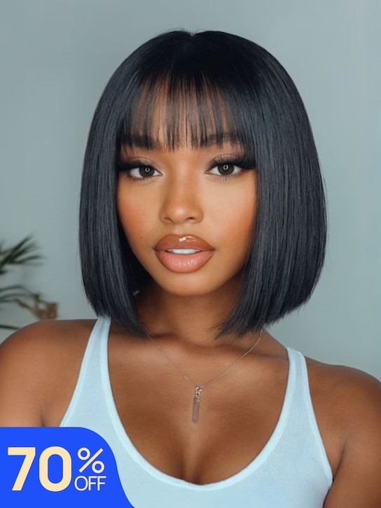 Nadula Flash Sale Straight Hair Wig with Bangs Glueless Human Hair Wig Put On and Go Wig Beginner Friendly Classic Cap